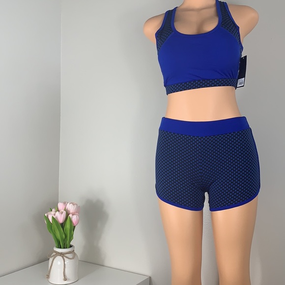 💙 Women’s Sports Bra & Shorts Set Blue & Black Size M/L - Picture 2 of 7